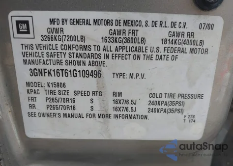 2001 Chevrolet Suburban 1500 Lt from USA, damaged, VIN 3GNFK16T61G109496